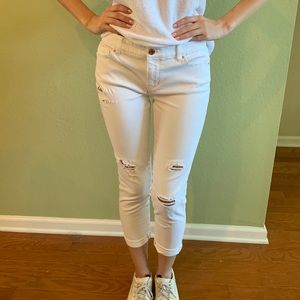 White House Black Market white ankle jeans. Sequins. Destructed. Size 0.